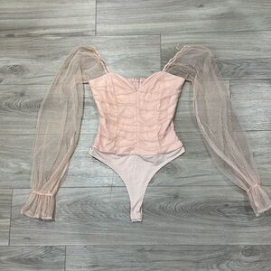 Miss Lola Feminine Sheer Sleeve Blush Pink Bodysuit